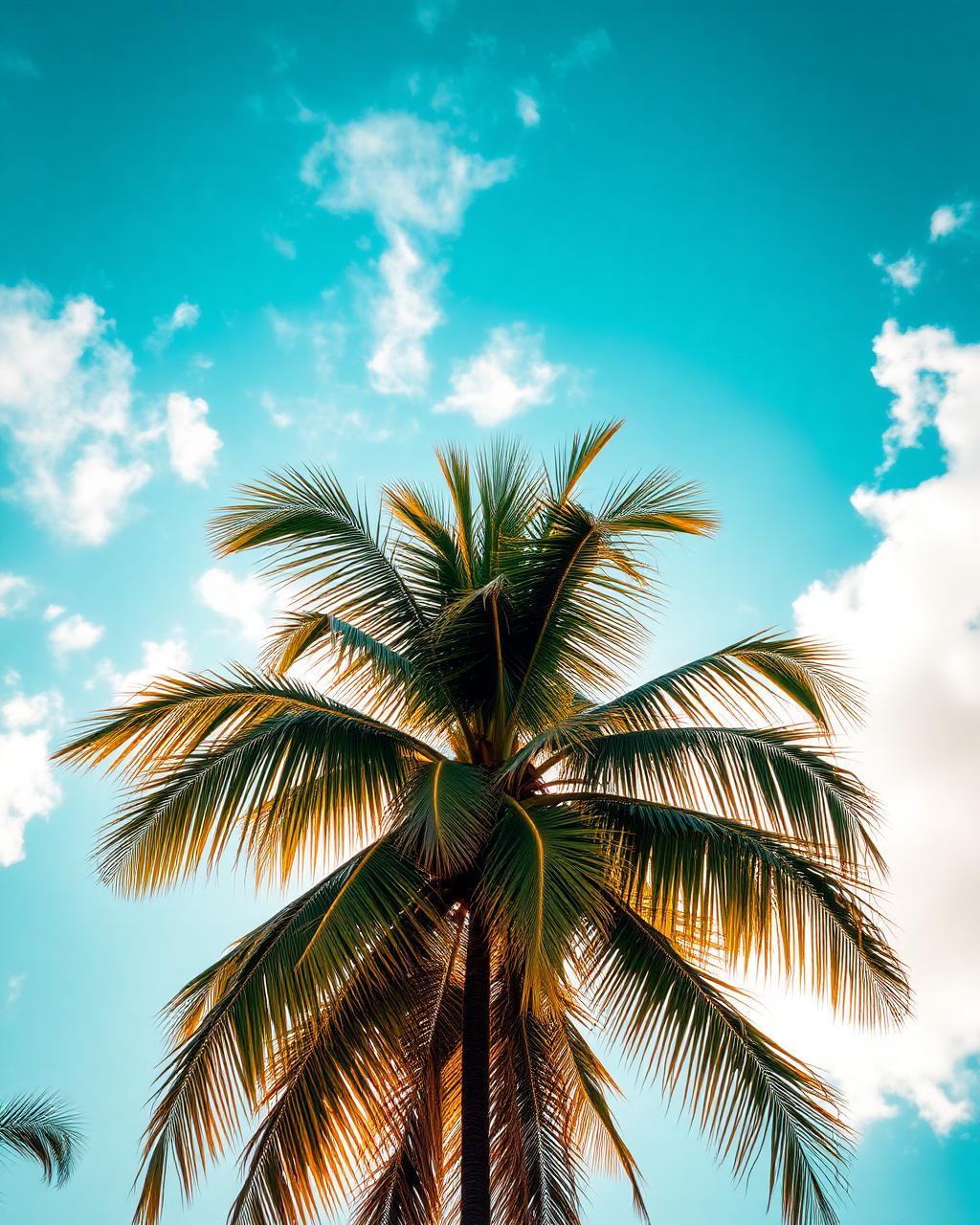 Tropical palm tree against a bright turquoise sky