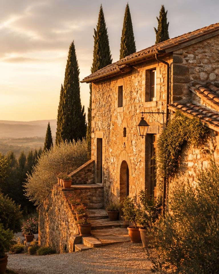 Golden hour stone villa in Tuscany